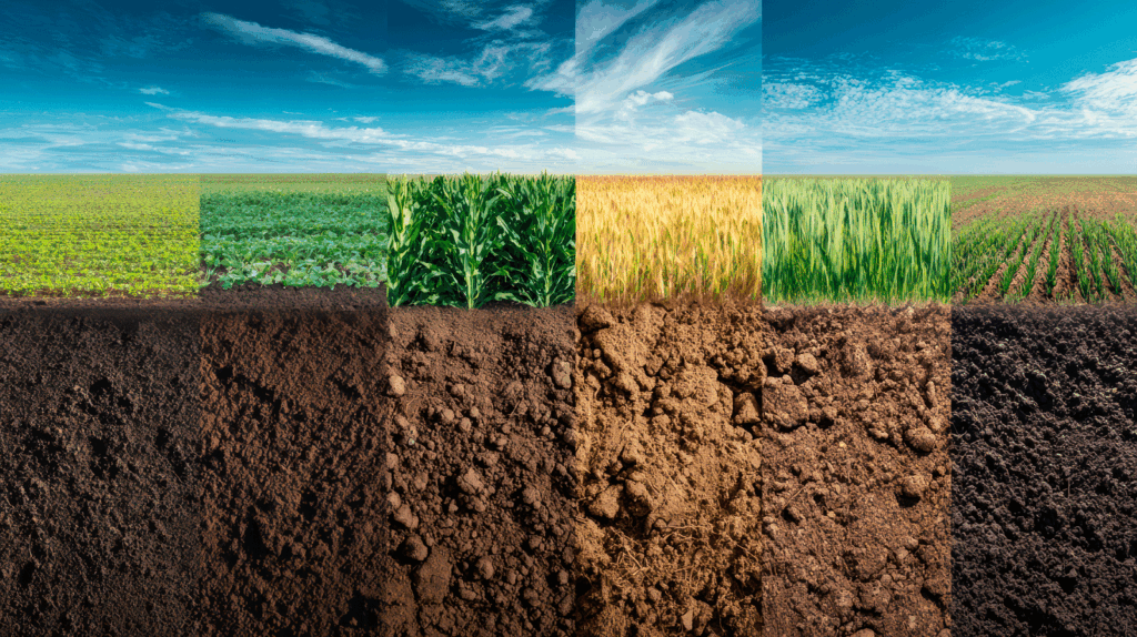 Diversas camadas de campos da agricultura moderna que mostra a terra e a plantação