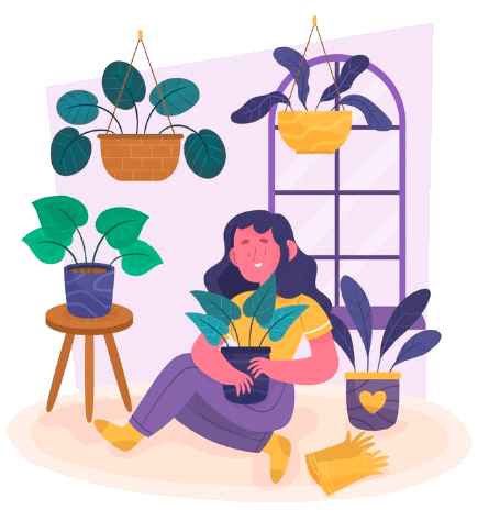 Arte de jovem cuidando de planta em uma casa cheia de plantas