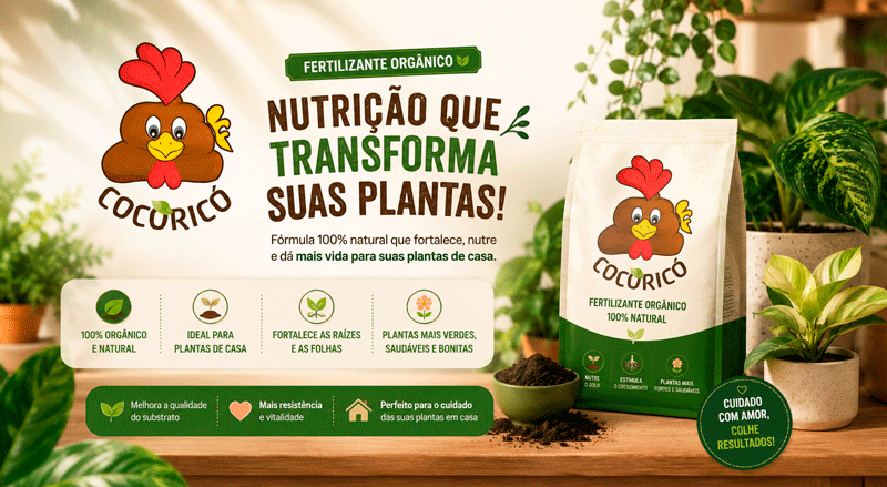 Fertilizante orgânico cocoricó para uso em plantas domésticas