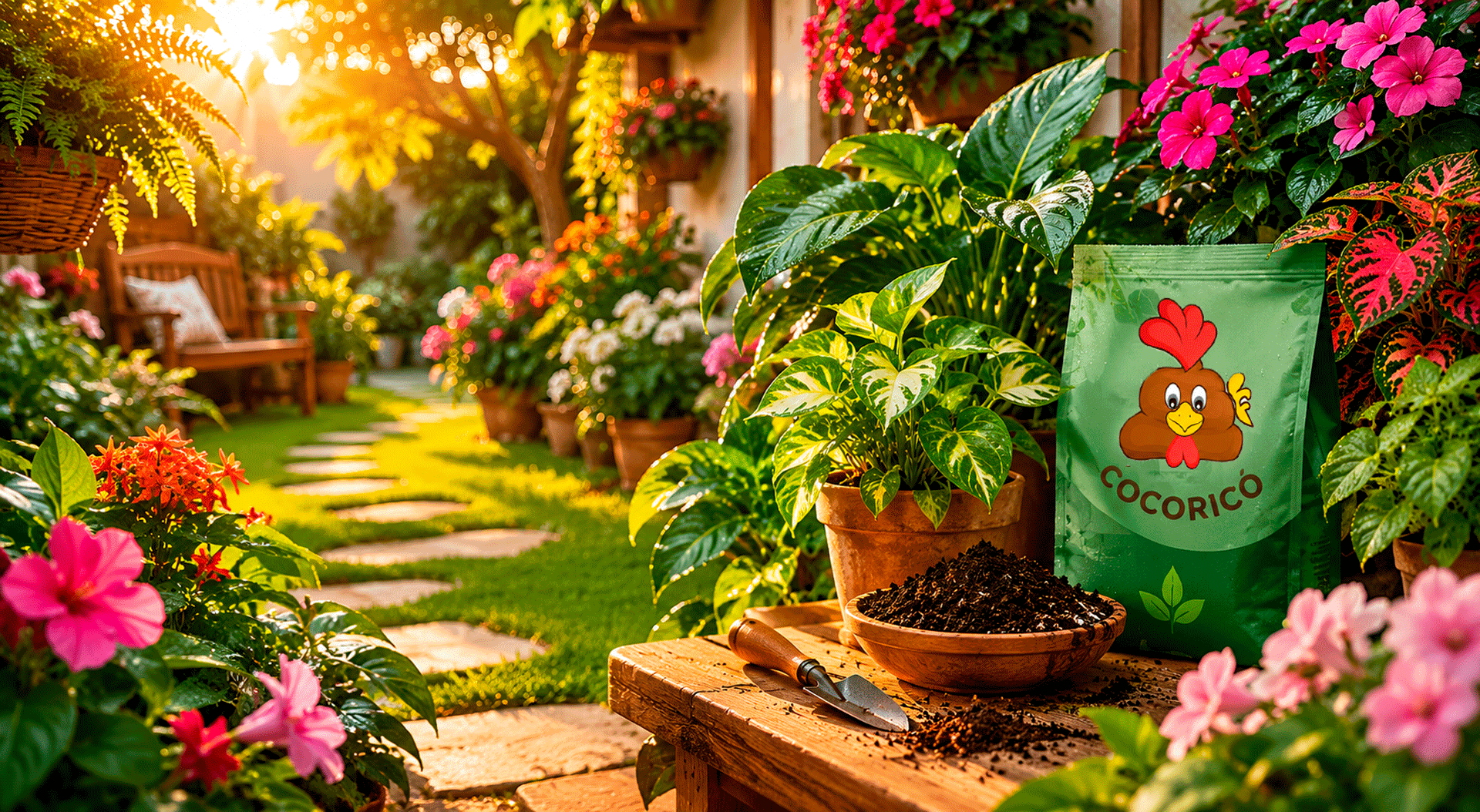 Belo jardim e paisagem artística remetendo a utilização do adubo para as plantas e hortaliças terem ficado tão lindas e maravilhosas